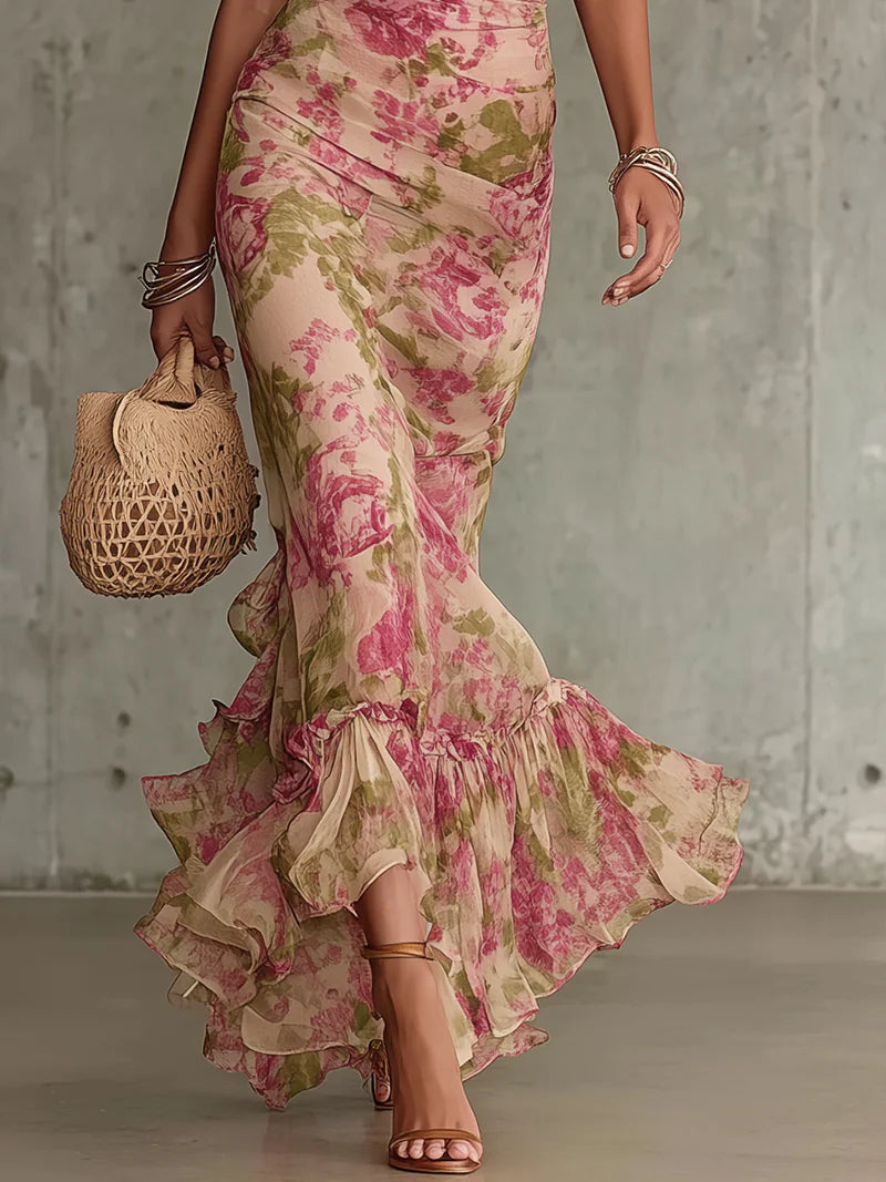 Fiora | Long Vintage Rose Print Dress with Puff Sleeves