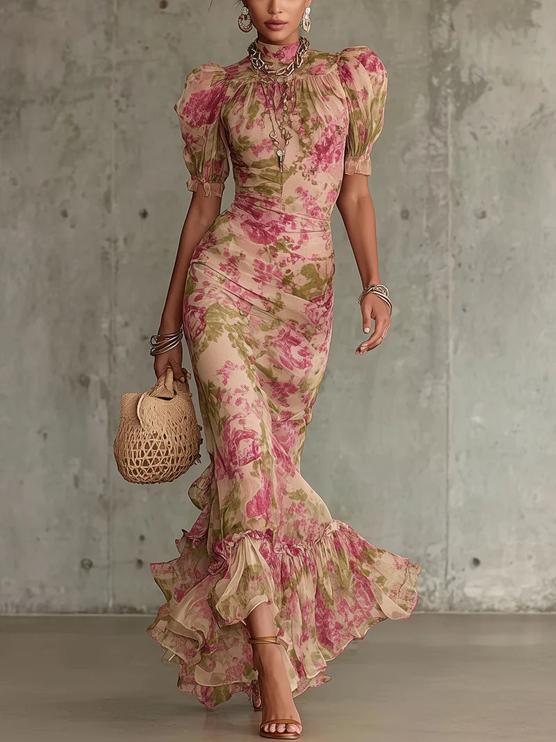 Fiora | Long Vintage Rose Print Dress with Puff Sleeves
