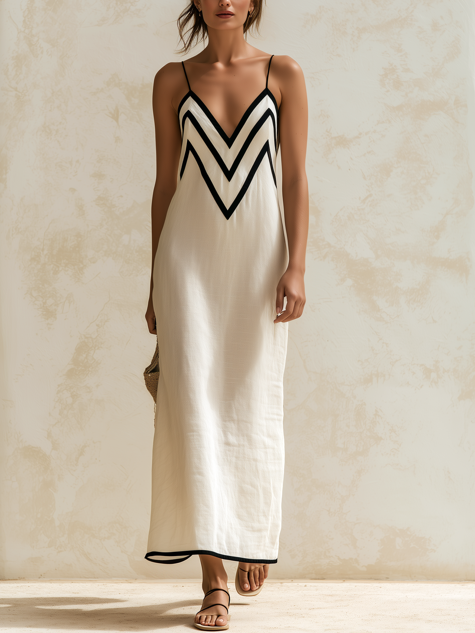 SIMONA | LONG LINEN SLIP STYLE DRESS WITH CONTRAST CHEVRON TRIM