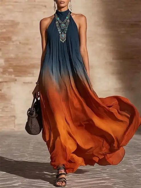 PAULA | LONG HALTER/V-NECK GRADIENT DRESS