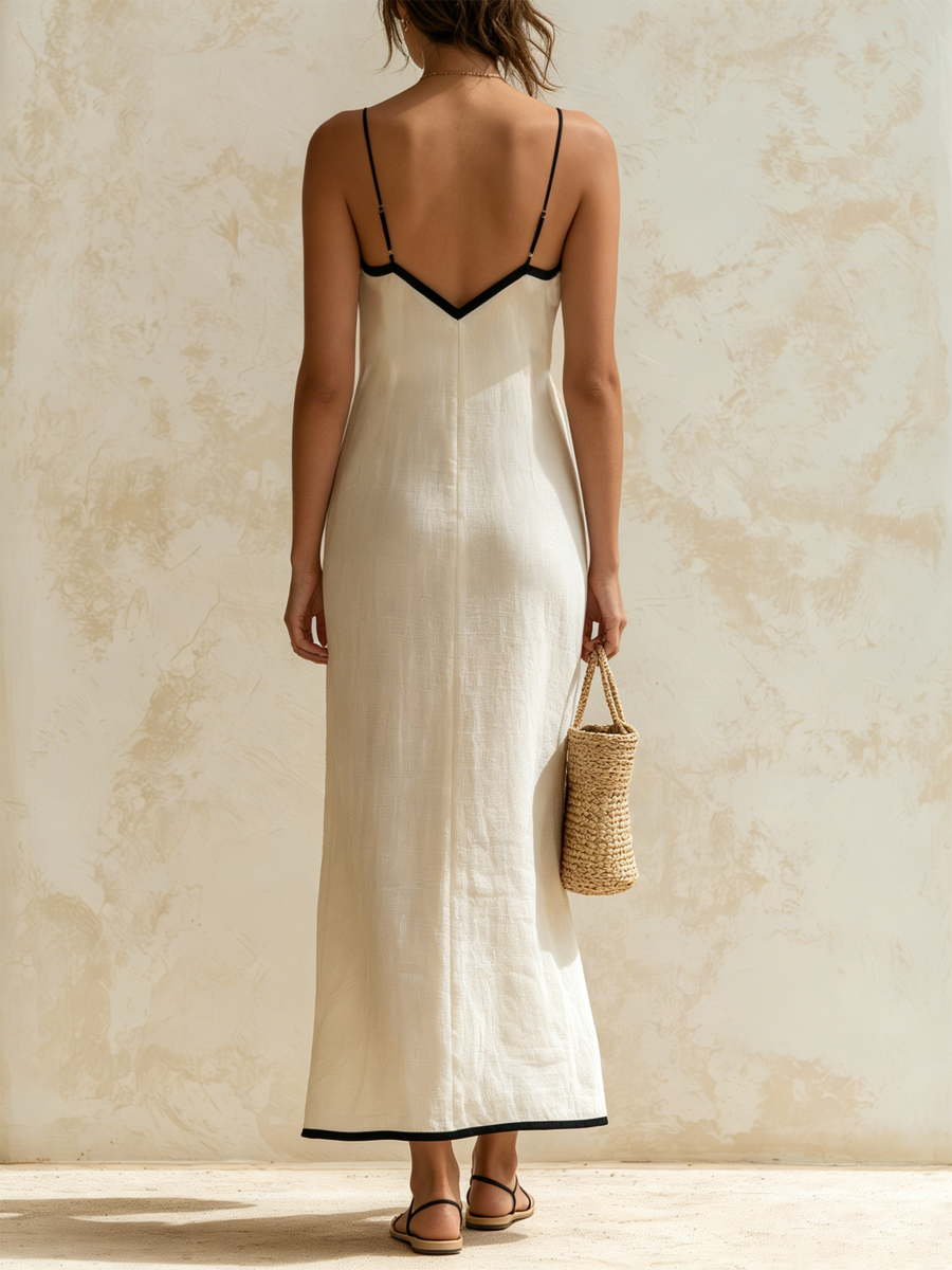 SIMONA | LONG LINEN SLIP STYLE DRESS WITH CONTRAST CHEVRON TRIM