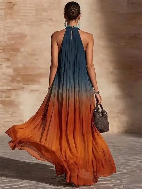 PAULA | LONG HALTER/V-NECK GRADIENT DRESS