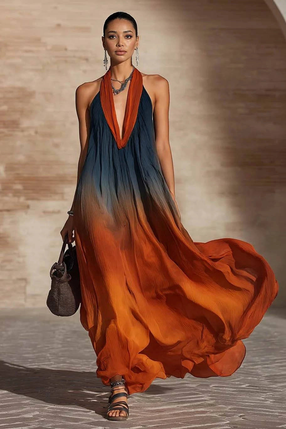 PAULA | LONG HALTER/V-NECK GRADIENT DRESS