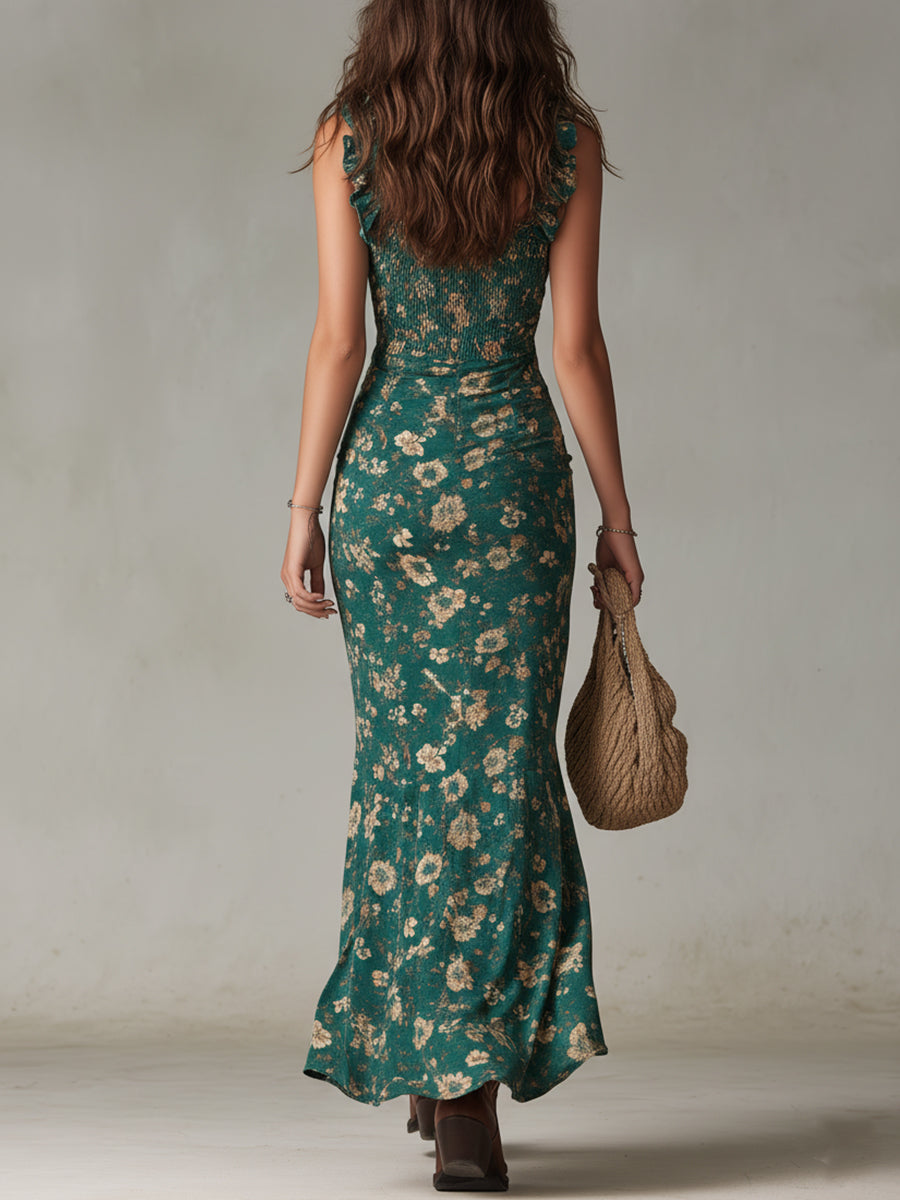 Zara | Boho Retro Maxi Dress with Ruched Sleeves and High Slit