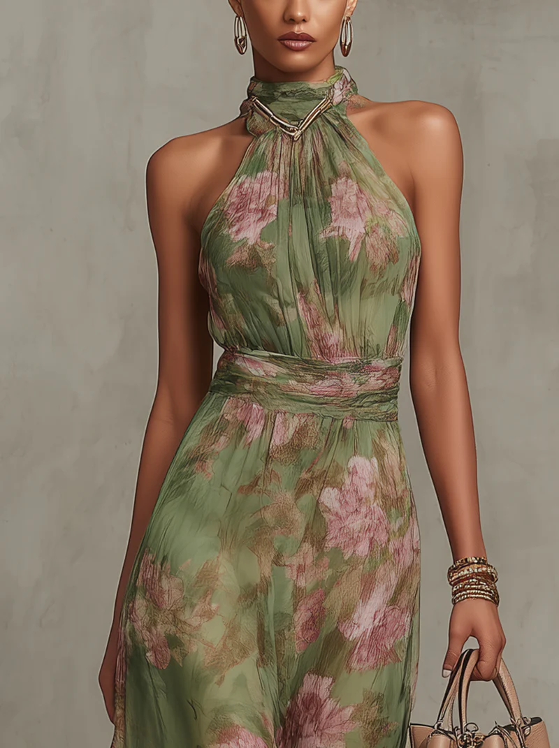 Serena | Long Green Floral Chiffon Halter Neck Dress