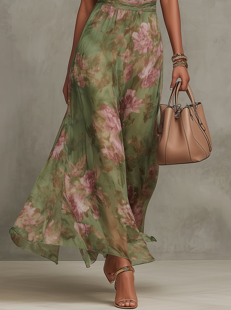Serena | Long Green Floral Chiffon Halter Neck Dress