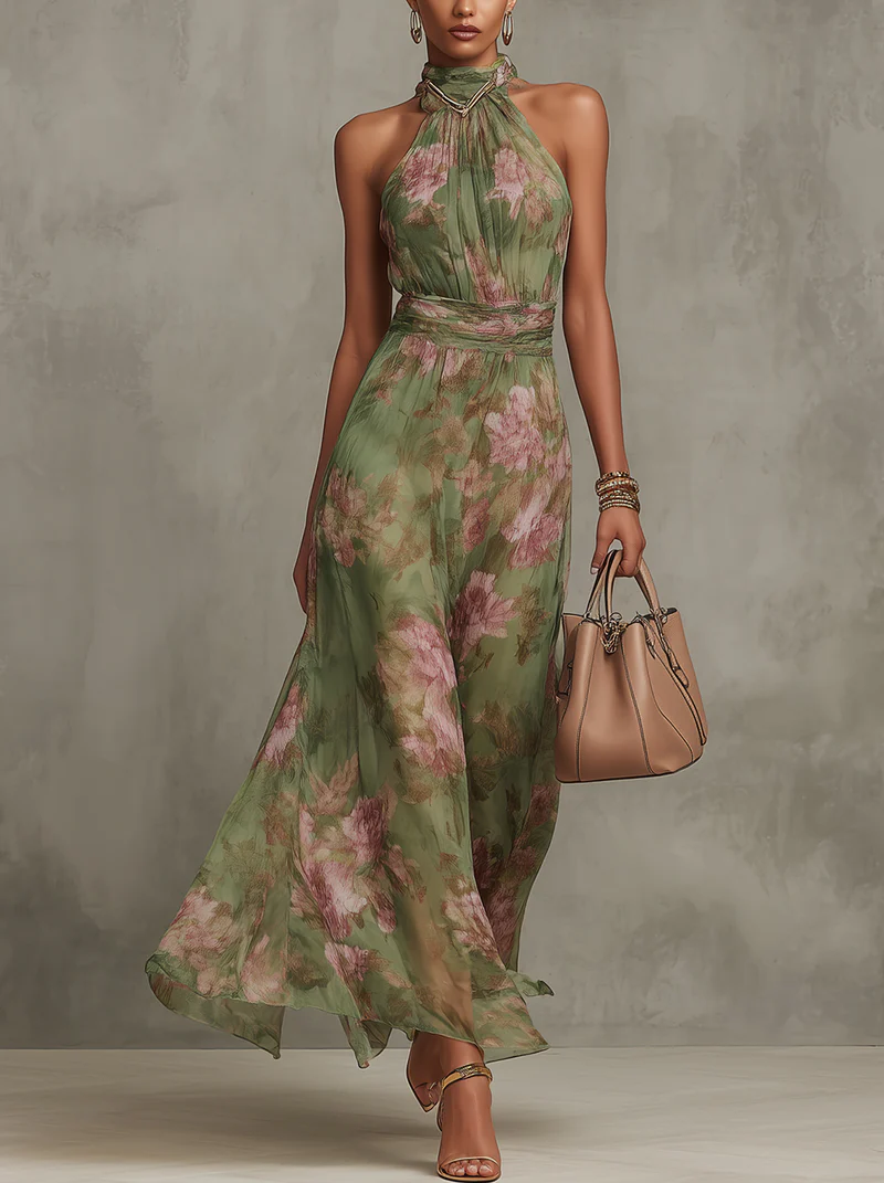 Serena | Long Green Floral Chiffon Halter Neck Dress